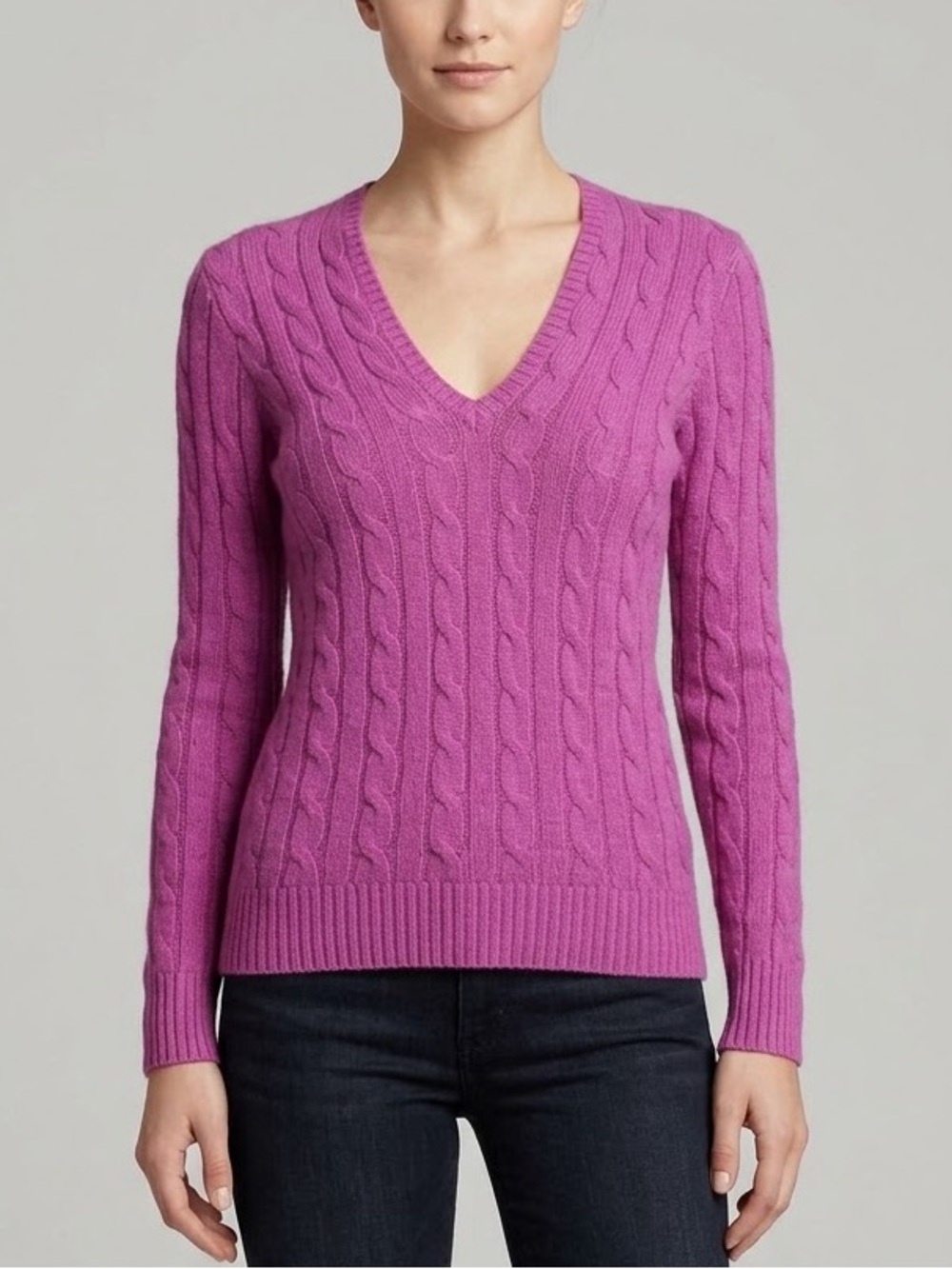 Ralph Lauren 100% Cashmere V-Neck Cable Knit Sweater Medium  Magenta Slim Fit